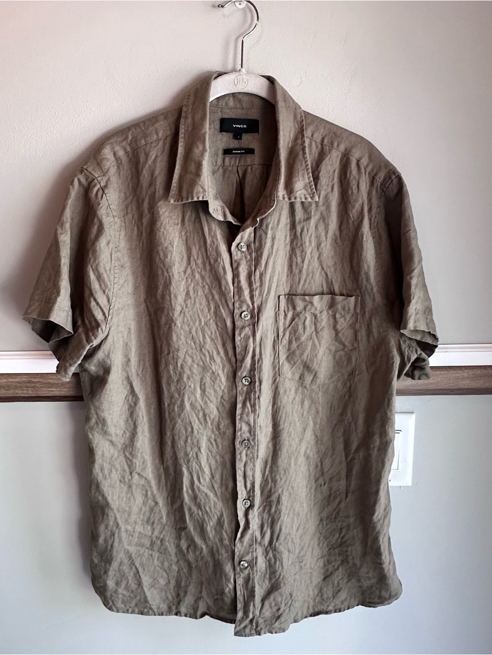 Vince Army Green 100% Linen Button Up Classic Fit Short Sleeve